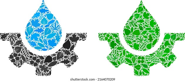 Eco water drop service cog icon mosaic of herbal leaves in green and natural color tones. Ecological environment vector concept for water drop service cog icon.