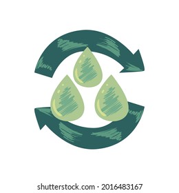 Eco water drops with recycle arrows on white background