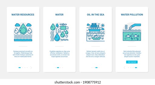 Eco Water Pollution Problem Vector Illustration. UX, UI Onboarding Mobile App Page Screen Set With Line Water Resources Symbol, Oil Spill In Sea Or Ocean Pollutes Ecology Ecosystem Of Environment