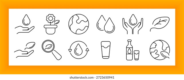 Eco water set icon. Hand, leaf, glass, bottle, recycle, earth, drop, drink, protection, plant, arrow, eco, sustainability, globe, hydration, nature