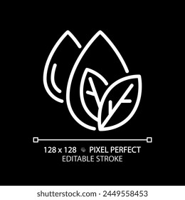 Eco water white linear icon for dark theme. Eco-friendly water use. Resource management. Water-saving practices. Thin line illustration. Isolated symbol for night mode. Editable stroke. Pixel perfect