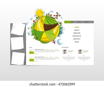 Eco web site design layout with vector illustration of hand draw planet.