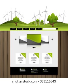 Eco Website Design with wood texture and cartoon drawing style header,

