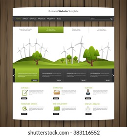 Eco Website Design with wood texture and cartoon drawing style header,
