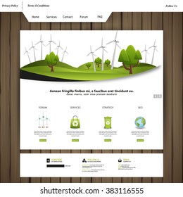 Eco Website Design with wood texture and cartoon drawing style header,
