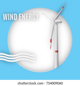Eco wind energy concept. Energy conservation issues banner in paper art style. Windmill in a circle with text and airflow icon. Vector illustration.