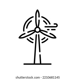 Eco Wind Turbine Green Energy Line Icon. Wind Mill Renewable Power Linear Pictogram. Ecology Generation Energy Farm Outline Icon. Ecological Windmill. Editable Stroke. Isolated Vector Illustration.