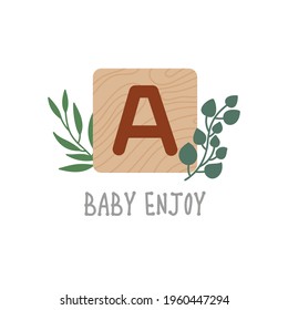 Eco wooden toy children's cube with eucalyptus leaves, cute kids card, poster, flyer. Neutral colors illustration isolated on white background. Vector