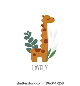 Eco wooden toy giraffe with eucalyptus leaves, cute kids card, poster, flyer. Neutral colors illustration isolated on white background. Vector