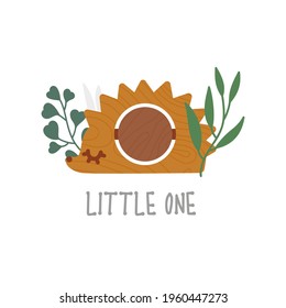 Eco wooden toy hedgehog baby rattle with eucalyptus leaves, cute kids card, poster, flyer. Little one phrase. Neutral colors illustration isolated on white background. Vector
