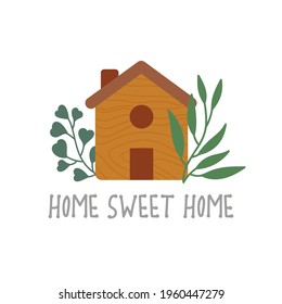 Eco wooden toy house with eucalyptus leaves, cute kids card, poster, flyer. Neutral colors illustration isolated on white background. Vector