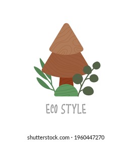 Eco wooden toy spruce with eucalyptus leaves, cute kids card, poster, flyer. Neutral colors illustration isolated on white background. Vector