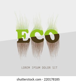 eco word with grass and roots vector illustration