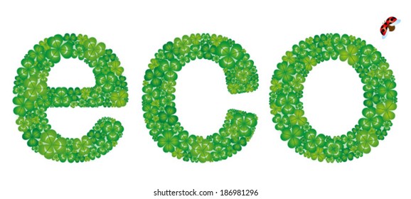 Eco word made from green clover leaves, isolated on white background.