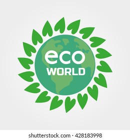 Eco world concept. Green leafs, globe. Nature saving logo. Planet the Earth. Green world concept. Environment protection banner idea. Vector illustration