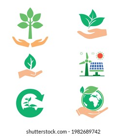 Eco world concept tree on hand logo icon Vector of combination. Planet and eco symbol or icon. Unique global and natural, organic logotype design template. Save the world planet ecology Green earth