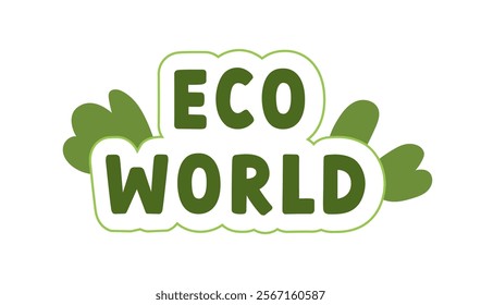 Eco world, green text symbol. Ecology sign with leaf, environment protection, earth planet conservation concept. Ecological sustainable flat graphic vector illustration isolated on white background