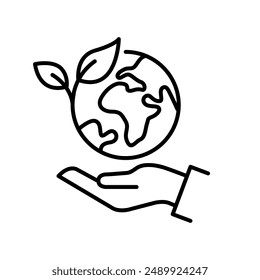 Icono del mundo ecológico. Concepto de planeta tierra verde, ecología mundial, naturaleza global proteger, logotipo eco medio ambiente, globo con hojas, línea delgada simple símbolo de Web sobre fondo blanco.