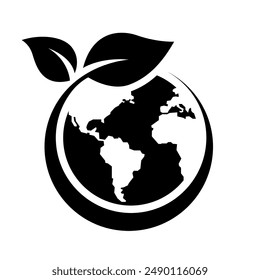 Icono del mundo ecológico. Concepto de planeta tierra verde, ecología mundial, naturaleza global proteger, logotipo eco medio ambiente, globo con hojas, línea delgada simple símbolo de Web sobre fondo blanco.