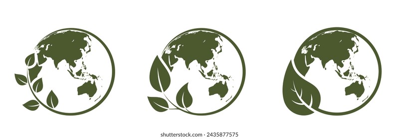 Eco world icons. Eastern hemisphere. environment, sustainable and ecosystem illustrations. Asia, Far East and Australia. Isolated vector images in simple style