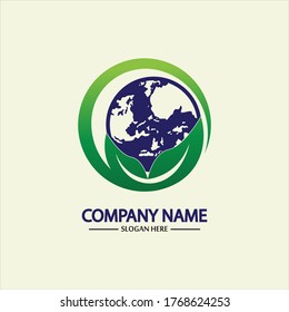 Eco World Nature Global Logo Design Template.World Globe Icon with Leaf Symbol around. Usable for Business, Nature, Environment, Science and Ecology Logos. Flat Vector Logo Design Template Element.
