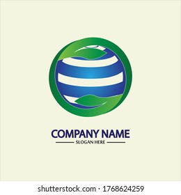 Eco World Nature Global Logo Design Template.World Globe Icon with Leaf Symbol around. Usable for Business, Nature, Environment, Science and Ecology Logos. Flat Vector Logo Design Template Element.