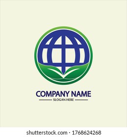 Eco World Nature Global Logo Design Template.World Globe Icon with Leaf Symbol around. Usable for Business, Nature, Environment, Science and Ecology Logos. Flat Vector Logo Design Template Element.