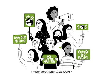  Eco-activist in the global strike for climate change. Extinction Rebellion. Group of people holding placards with slogans to protect the environment. Vector doodle illustration. 