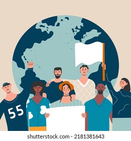 Eco-activist protest for climate change, global strike demand urgent action. men women marching on demonstration for protection of enviroment. Group of people holding poster. Flat vector illustration.