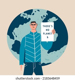 Eco-activist Protest For Climate Change, Global Strike Demand Urgent Action. Men Marching On Demonstration Protection Of Enviroment. Guy Holding There's No Planet B Poster. Flat Vector Illustration.