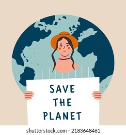 Eco-activist protest for climate change, global strike demand urgent action. woman marching demonstration for protection of enviroment. Women holding Sve the planet poster. Flat vector illustration