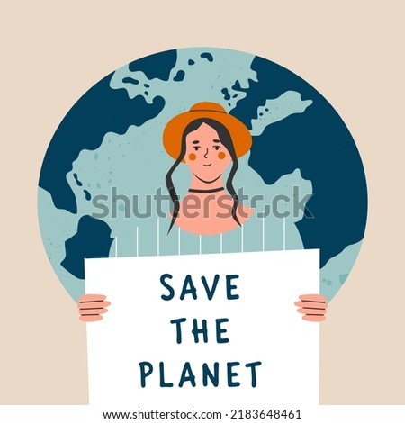 Eco-activist protest for climate change, global strike demand urgent action. woman marching demonstration for protection of enviroment. Women holding Sve the planet poster. Flat vector illustration