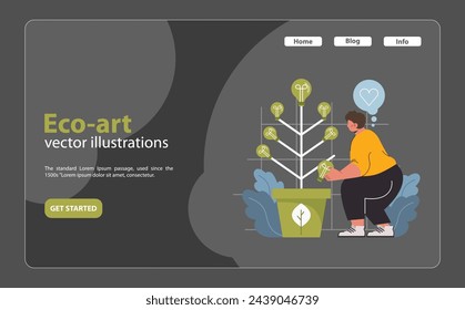 Eco-Art Vector Illustration. A person engages in upcycling, transforming bulbs into plant holders, symbolizing creativity in sustainability and love for the environment.