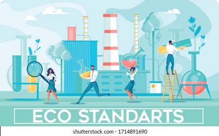 Eco-Auditing. Team Experts with Magnifying Glass, Test Tubes and Flasks with Industrial Enterprise in Background. Auditors Assessing Environmental Performance Company. Flat Vector Banner.