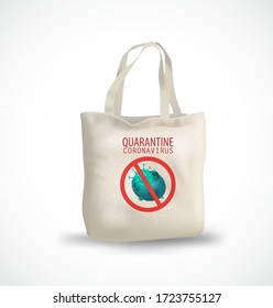 eco-bag with the inscription quarantine coronavirus. Safe and online shopping on quarantine concept. White background, copy space. All elements are isolated. Vector EPS 10