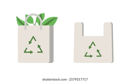 Eco-bags with a recycling symbol, one with leaves, the other in the form of a plastic bag, illustration.