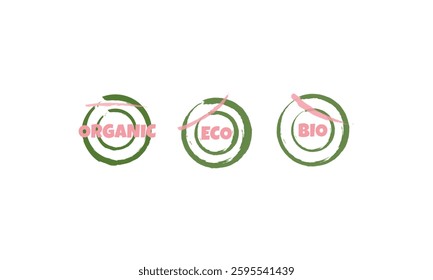 Eco,bio, organic and natural products sticker, label, badge and logo. Logo template in green and pink colors for orgnic and eco friendly products. Vector illustration with using brush.