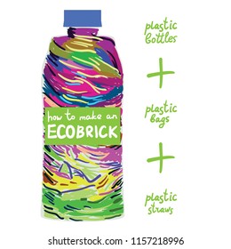 Ecobrick is a plastic bottle packed with clean and dry, used plastic to make a reusable building block.  Eco Bricks, , bottle bricks. Less plastic going into the biospher. Vector