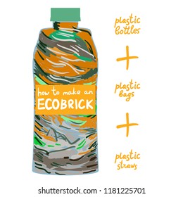 Ecobrick is a plastic bottle packed with clean and dry, used plastic to make a reusable building block. Eco Bricks, Ecolladrillos, bottle bricks. Less plastic going into the biospher. Vector