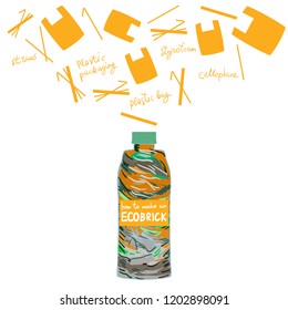Ecobrick is a plastic bottle packed with clean and dry, used plastic to make a reusable building block. Eco Bricks, Ecolladrillos, bottle bricks. Less plastic going into the biospher. Vector