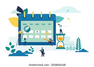Ecoempresa, plan de calendario para el desarrollo de la naturaleza y los árboles. La gente está planeando un negocio, un planificador. Trabajo en equipo, ideas. Personajes de gente pequeña. Diseño verde gráfico. Ilustración del vector