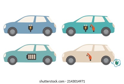 Eco-car vector illustration set. Electric vehicles, plug-in hybrid vehicles, fuel cell vehicles, clean diesel vehicles.