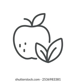 Ícone Apple Certificado Ecológico. Ilustração de linha simples de uma maçã com folhas, representando certificação orgânica e práticas agrícolas sustentáveis.