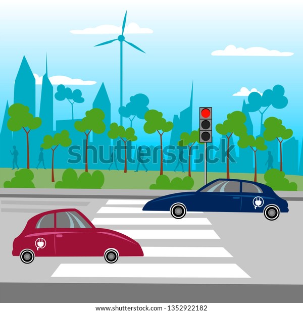 The eco-city. Eco cars. City vector landscape of the\
city and cars