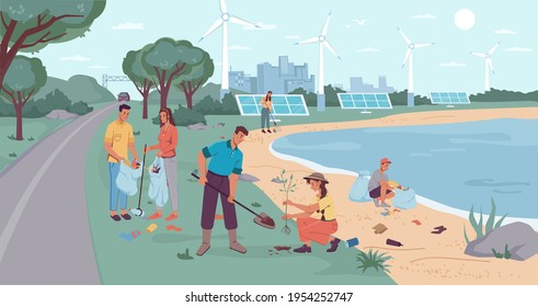 Eco-city Environment, Garbage Collection And Tree Planting. People Volunteers Cleaning Up Beach From Wastes, Flat Cartoon Design. Vector Windmills And Solar Panels, Team Of Adults Kids Pickup Rubbish