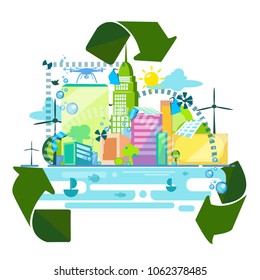  Eco-city Purity. Ecology. Save the planet. The Future of New Technologies for the Preservation of the Planet. Clean Air. Smart City, Connected, Green and Clean Energy Concept