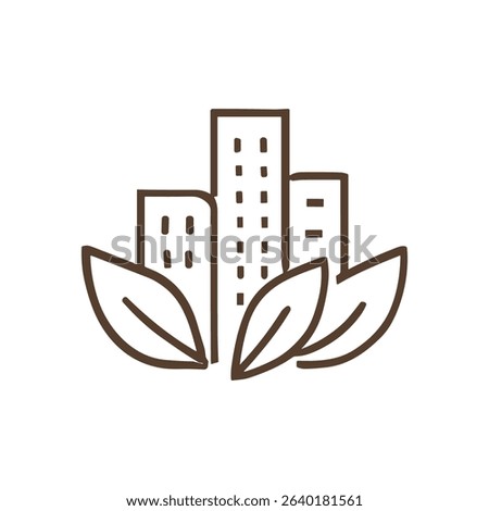 EcoCityscape Buildings embraced by natures leaves. Icon symbol illustration