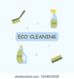 Eco-cleaning set. Cleaning brushes, eco-friendly, non-toxic cleaning products. Supplies for cleaning and housework. Flat vector illustration eps 10 isolated on white background.