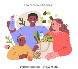 Eco-conscious Choices illustration. A millennial family happily engages in sustainable living, showcasing recycling and healthy food choices. Vector illustration.