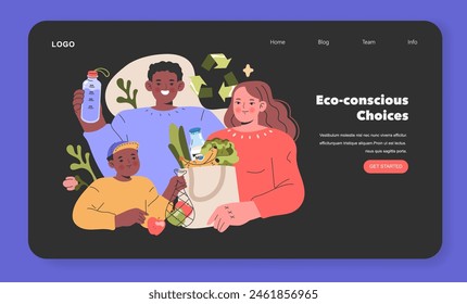 Eco-conscious Choices illustration. A millennial family happily engages in sustainable living, showcasing recycling and healthy food choices. Vector illustration.
